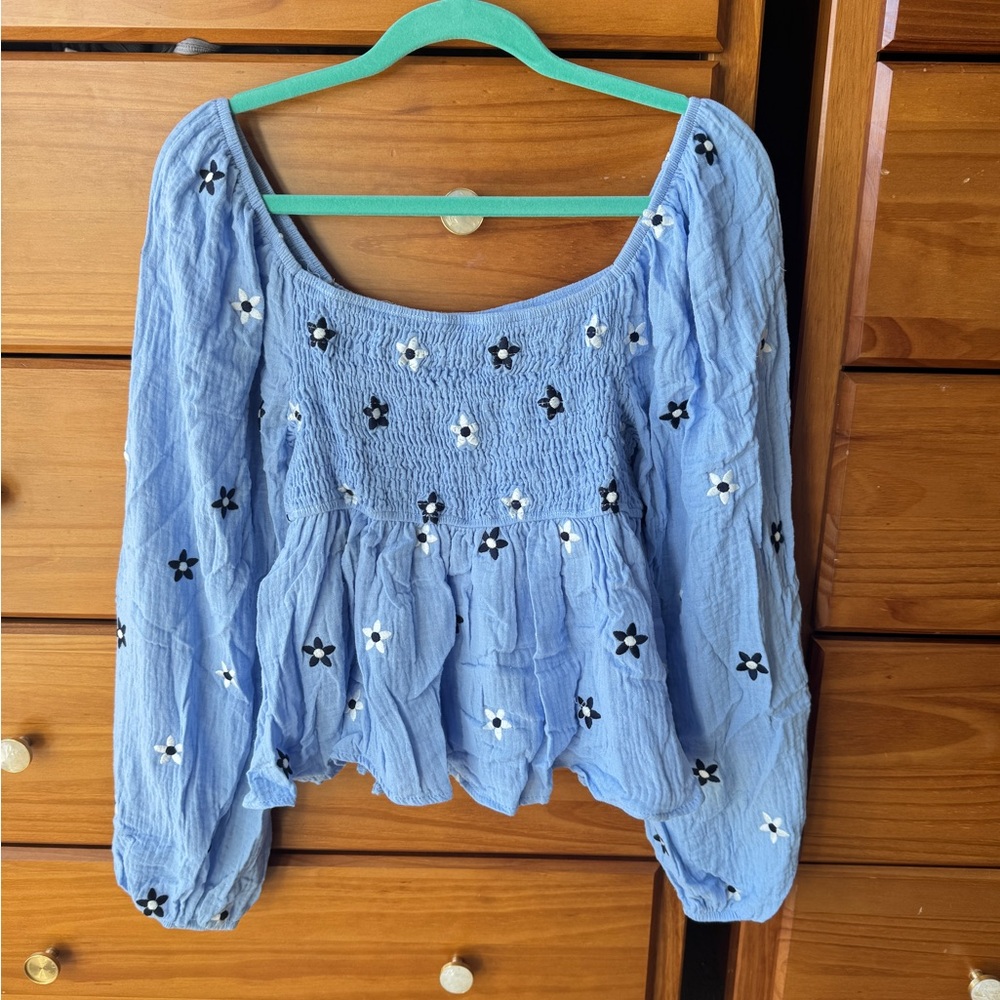 Blue Floral Embroidered Smocked Top Bell Lantern Sleeves